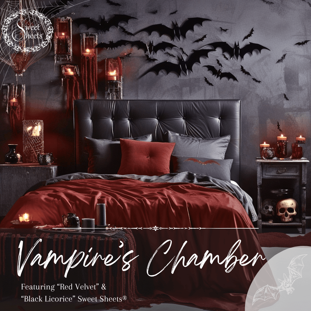 Vampire Halloween Bedroom Decor with black and red bed sheets